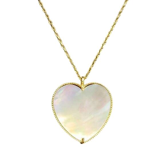 14k Yellow Gold Mother Of Pearl Heart Pendant Necklace 18" - Picture 1 of 9